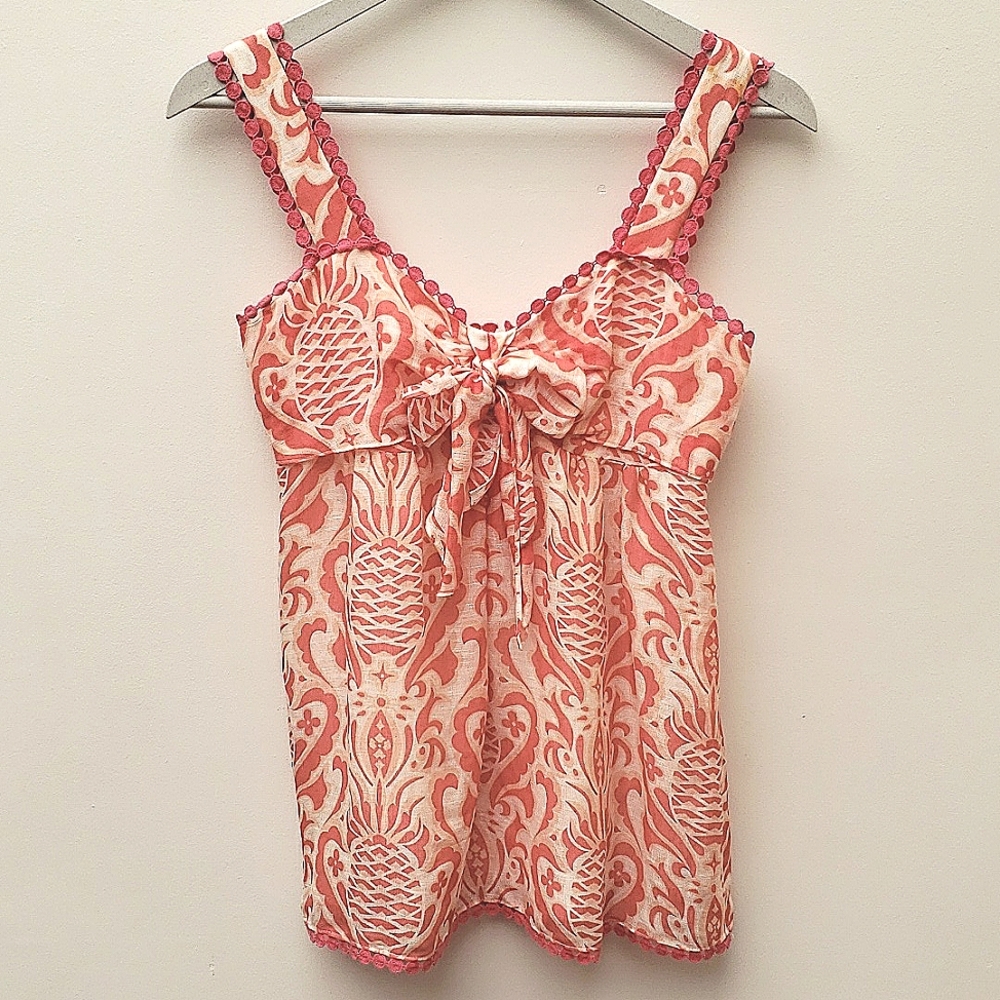 Kate Spade Linen Silk Pineapple Print Tie Front Sleeveless Top Women's Size 2